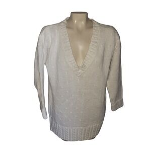 Nuggets White Cable Knit V Neck Long Sleeve Sweater Top M Y2K  90s retro comfort